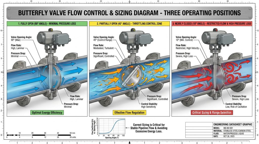 Butterfly valve sizing process showing valve opening range and pipeline flow control considerations