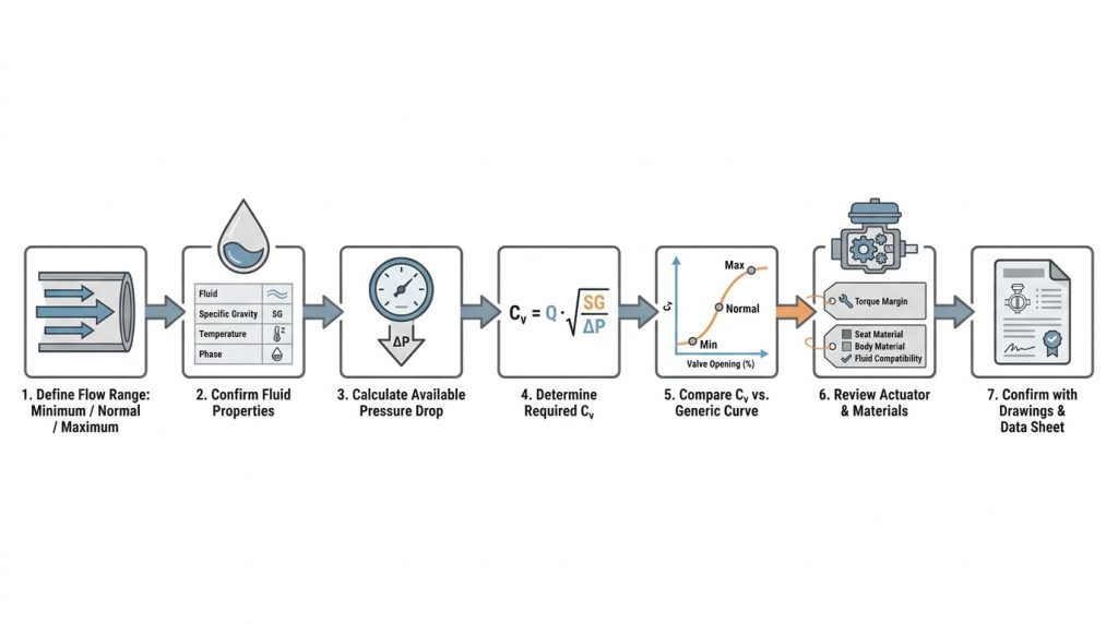 Valve sizing workflow from flow range and fluid data to Cv curve check, torque review, and final data sheet confirmation.