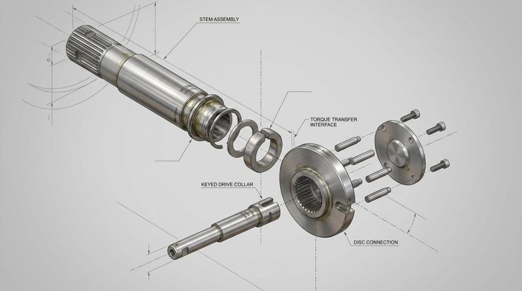 Exploded technical view showing butterfly valve stem connection components including shaft, disc interface, and retention elements.