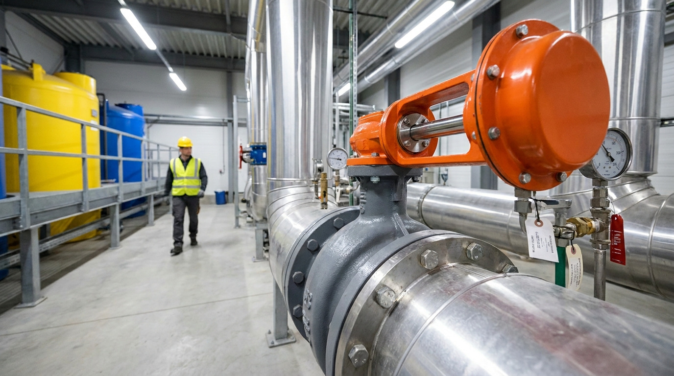 Butterfly valve stem used in high-pressure industrial flow control systems, showing a precision-engineered metal valve assembly installed in a demanding pipeline environment.