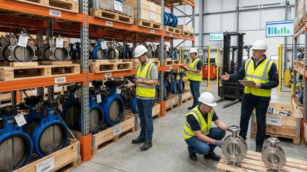 Warehouse inventory management scene showing different butterfly valve types, pressure classes, and material configurations being inspected by engineers.