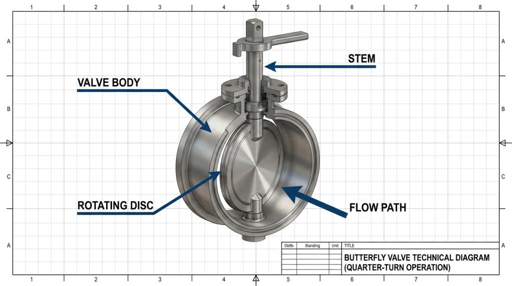 Technical illustration showing the main structural components of a butterfly valve, including the slim valve body, central rotating disc, stem, and flow path arrangement.