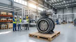Photorealistic industrial project scene showing butterfly valve suppliers in dubai providing large industrial butterfly valves for a UAE processing facility, with installed pipeline systems, engineering staff, and a warehouse supply environment in the background.