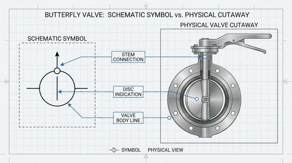 Technical diagram explaining the main elements of a butterfly valve symbol, including the valve body line, disc indication, and stem connection in a simplified engineering schematic.
