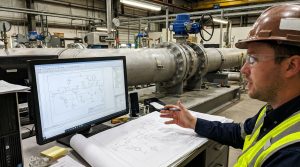 butterfly valve symbol p&id identification guide showing an engineer reviewing an industrial piping diagram with a real butterfly valve assembly in a process plant environment