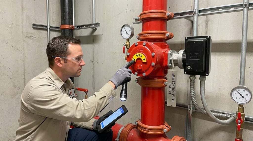 maintenance technician inspecting a butterfly valve tamper signal by checking the valve position indicator before opening the switch housing