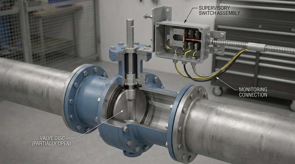 Close-up technical view of a butterfly valve tamper switch showing the valve body, rotating disc mechanism, supervisory switch housing, and connected components in an industrial pipeline.