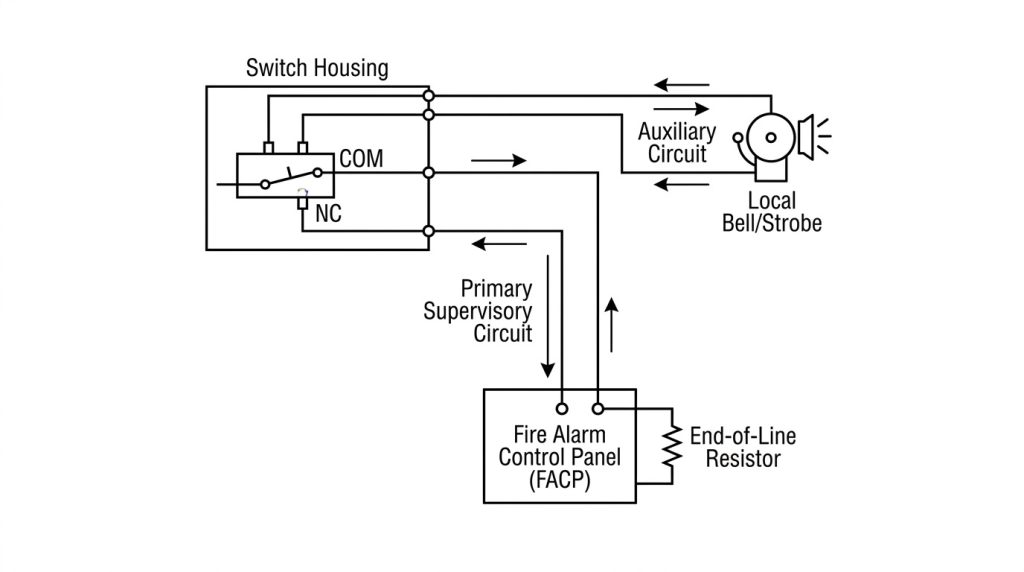 Wiring connections between the supervisory microswitch terminals inside the valve switch housing and the fire alarm control panel, showing the primary supervisory circuit, auxiliary circuit, end-of-line resistor, and signal direction.
