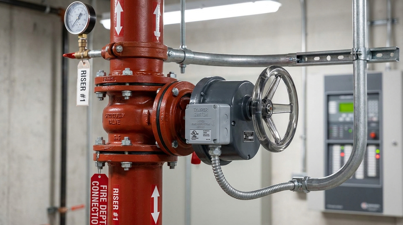 butterfly valve tamper switch installed on a fire sprinkler riser with a clear handwheel, switch housing, conduit connection, and fire alarm panel context