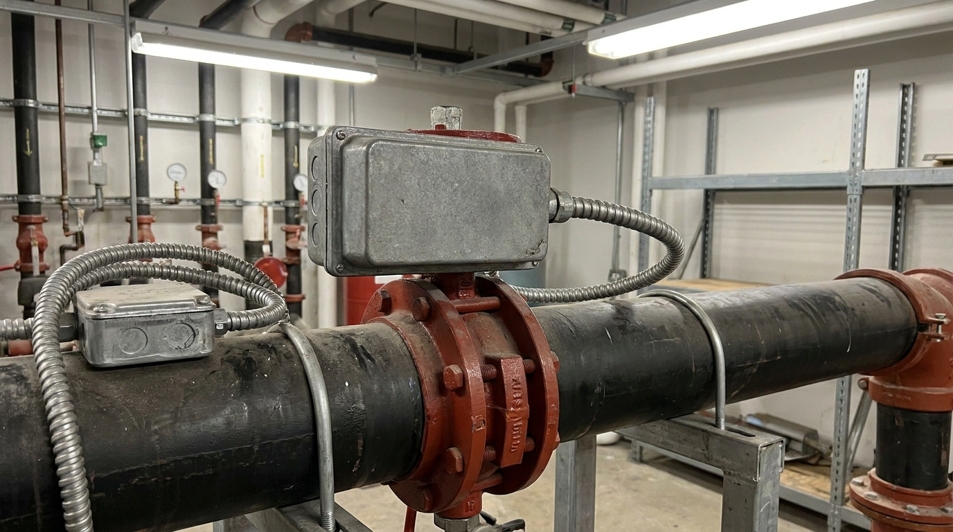 Photorealistic butterfly valve tamper switch installed in a commercial fire suppression pipeline system, showing the monitored valve assembly, alarm wiring connection, and industrial facility environment.