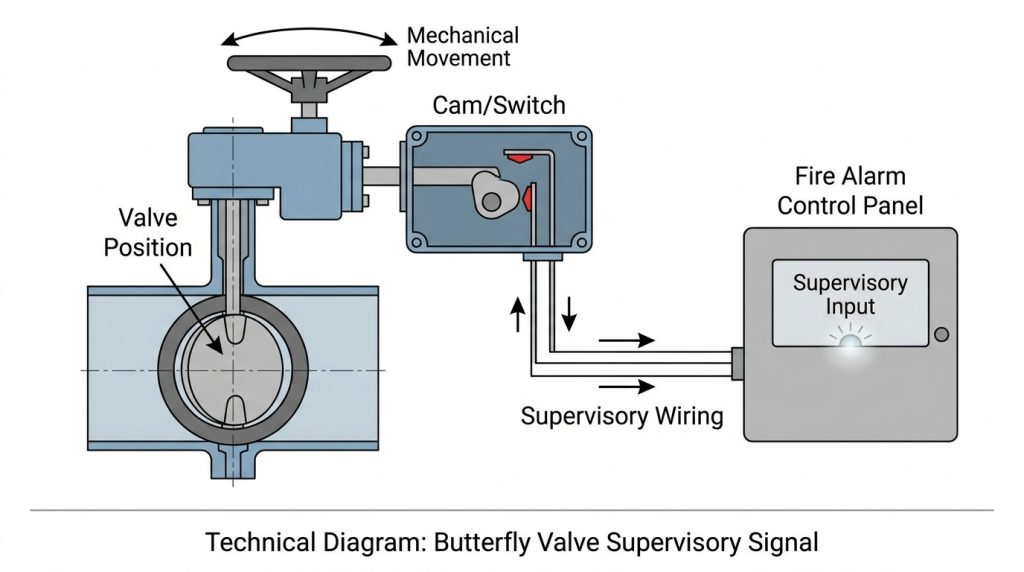 simplified diagram showing how butterfly valve movement operates a cam switch and sends a supervisory signal to a fire alarm control panel