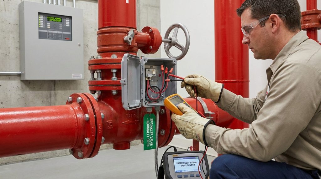 technician verifying tamper switch wiring and supervisory signal response at a butterfly valve and fire alarm panel