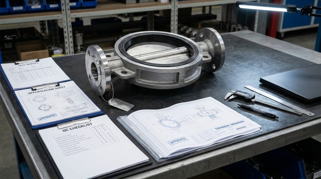 Valve inspection desk with test report, specification sheet, and tagged butterfly valve ready for procurement approval