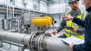 Butterfly valve torque chart applications showing an industrial butterfly valve with actuator installed in a pipeline control system, representing how torque data guides safe valve selection and automation design.