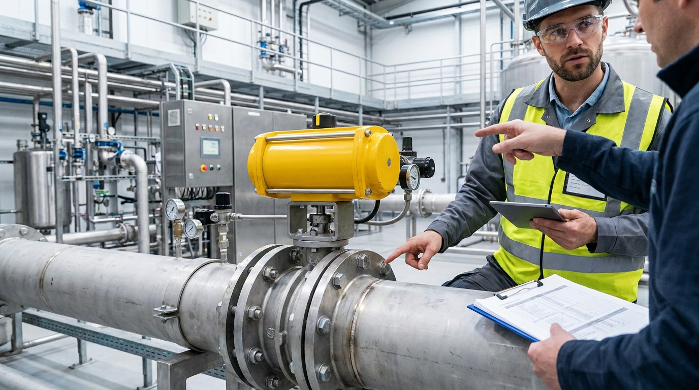 Butterfly valve torque chart applications showing an industrial butterfly valve with actuator installed in a pipeline control system, representing how torque data guides safe valve selection and automation design.