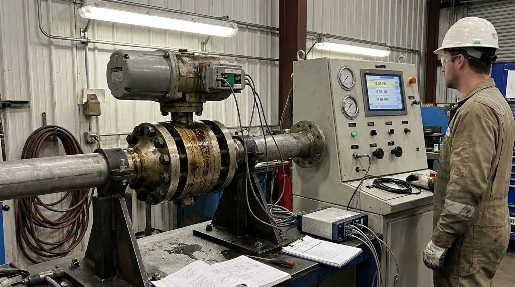 Engineer testing a butterfly valve actuator system on a pressure test bench while measuring rotational force during valve operation.