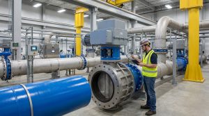 Butterfly valve uses in industrial fluid control systems showing a real butterfly valve installed on a large pipeline in a water treatment or industrial facility environment
