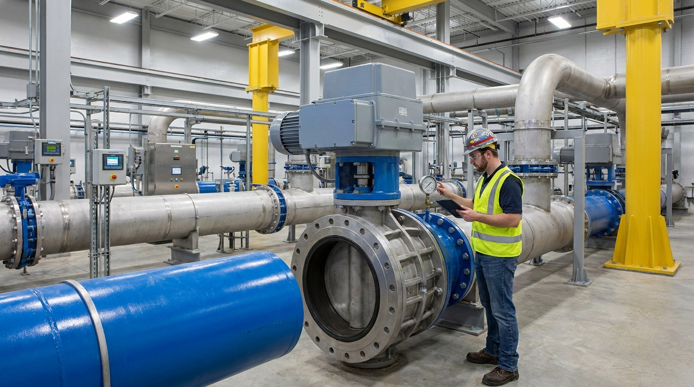 Butterfly valve uses in industrial fluid control systems showing a real butterfly valve installed on a large pipeline in a water treatment or industrial facility environment