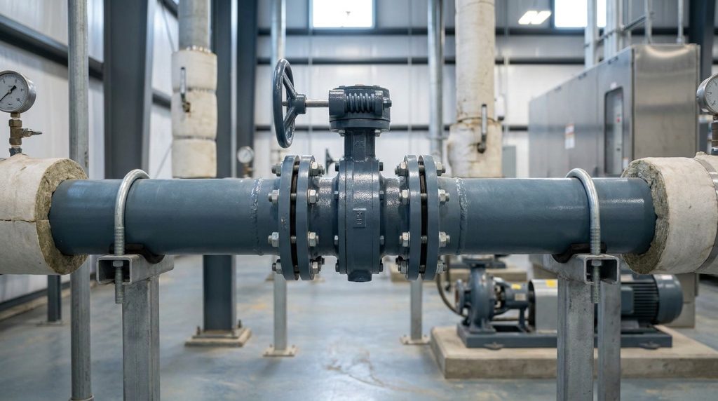 Butterfly valve installed in a utility piping system for water treatment or HVAC service.