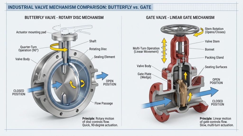 Technical comparison illustration showing a butterfly valve quarter-turn mechanism versus a gate valve multi-turn mechanism, highlighting the different operating motions and compact design differences without using unverified performance data.