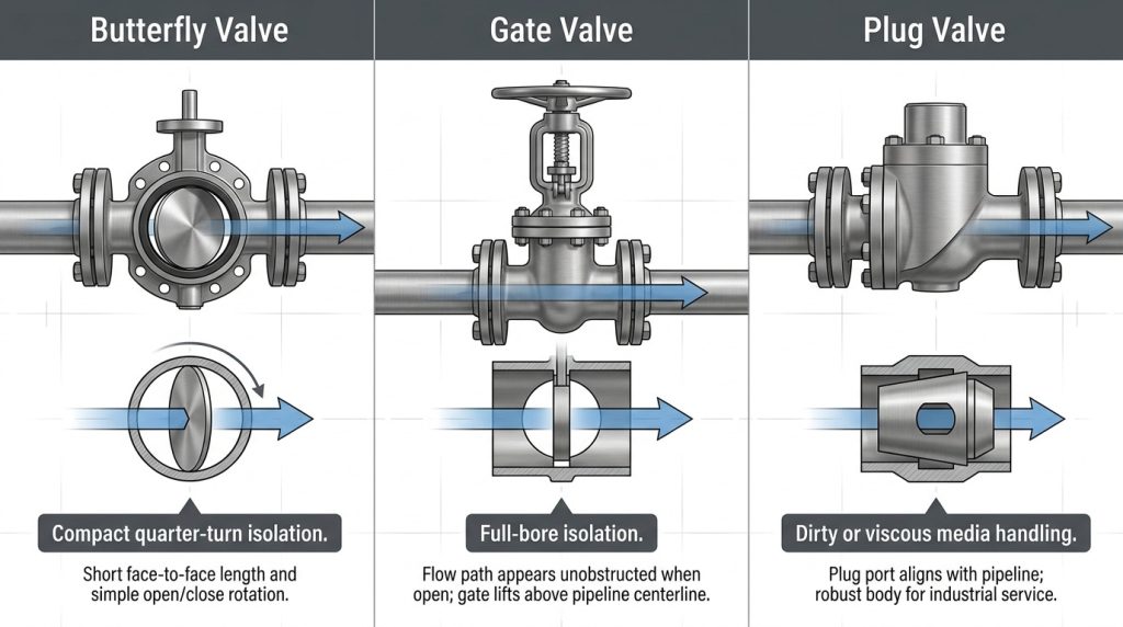 Side-by-side comparison of butterfly, gate, and plug valve flow paths and typical selection tradeoffs.