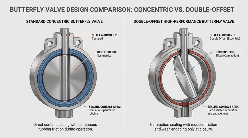 Technical comparison diagram showing the structural differences between a concentric butterfly valve and a double-offset high-performance butterfly valve, including disc position, shaft alignment, and sealing contact concept.