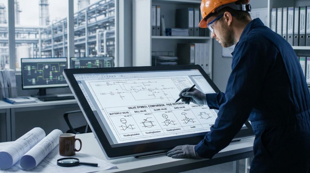 Engineer comparing butterfly valve symbols with other valve types on a P&ID drawing during a technical review