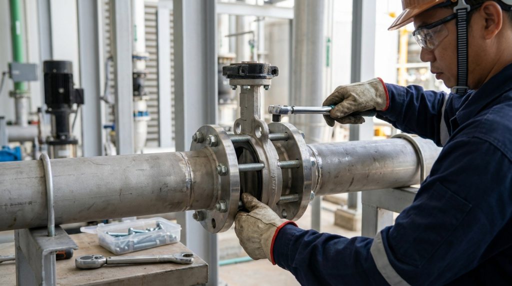 Technician centering a wafer butterfly valve between pipe flanges during installation, showing correct alignment and bolt tightening procedure in an industrial piping system.