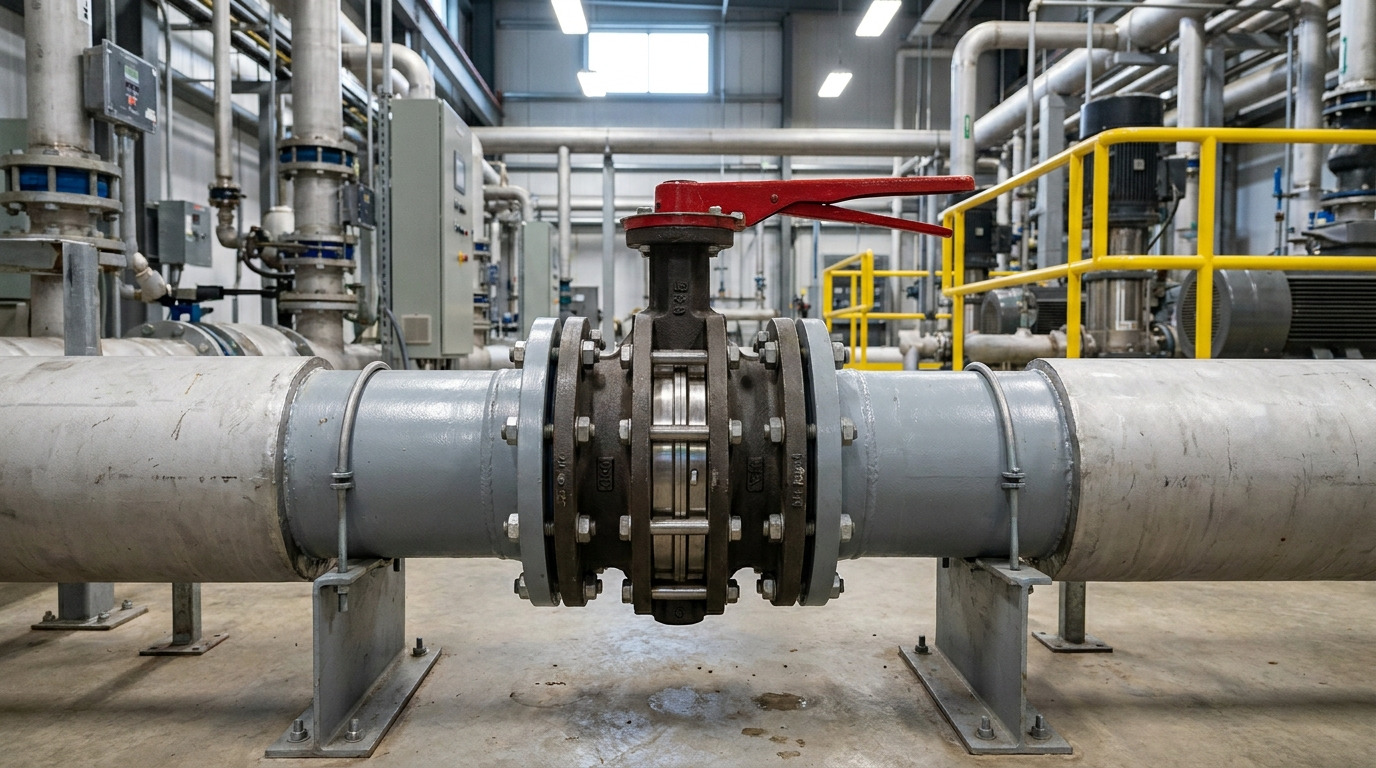 Industrial butterfly valve wafer installed in a commercial piping system for reliable flow control, showing a realistic mechanical room application with flanged pipes and valve assembly.