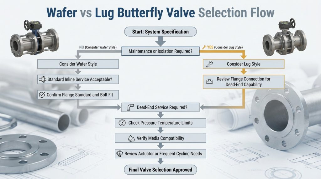Decision flowchart for choosing wafer or lug butterfly valve based on pipe removal, dead-end service, flange fit, media, pressure, and maintenance needs.