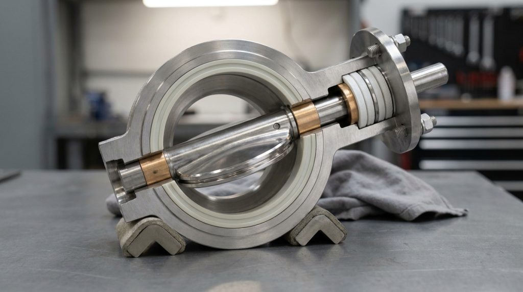 Cross-section view of butterfly valve wetted parts showing body disc stem seat and packing exposed to process media