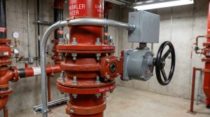 Butterfly valve with tamper switch installed on a commercial fire sprinkler riser inside a mechanical room, showing the valve body, supervisory switch housing, handwheel, connected piping, and fire protection environment.