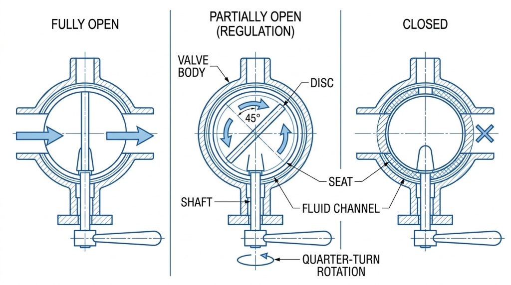 Butterfly valve cross-section style technical view showing the rotating disc, shaft, seat, and flow path changes during opening and closing operation