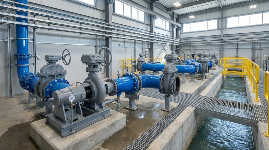 Butterfly valves installed in a water treatment plant with large pipes and pump discharge lines