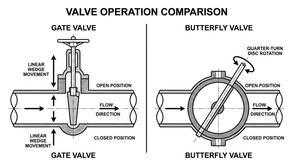 Internal operating mechanisms of a gate valve and butterfly valve showing linear wedge movement and quarter-turn disc rotation within pipeline sections