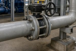 Photorealistic butterfly wafer valve clamped between two pipe flanges in an industrial piping installation.