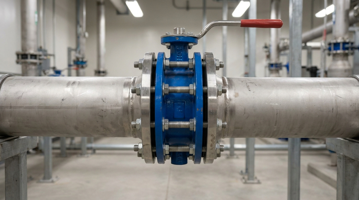 Photorealistic butterfly wafer valve clamped between two pipe flanges in a clean industrial piping system, with the disc and compact valve body clearly visible.