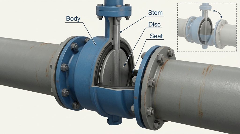 simplified technical diagram of a butterfly water valve showing a real pipeline-mounted valve body with rotating disc, stem, and sealing seat positions
