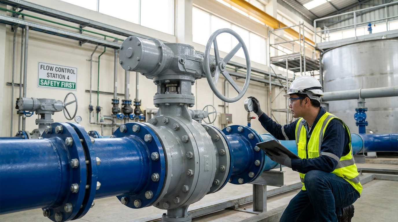 butterfly water valve installed in an industrial pipeline system with engineers inspecting flow control equipment in a modern facility