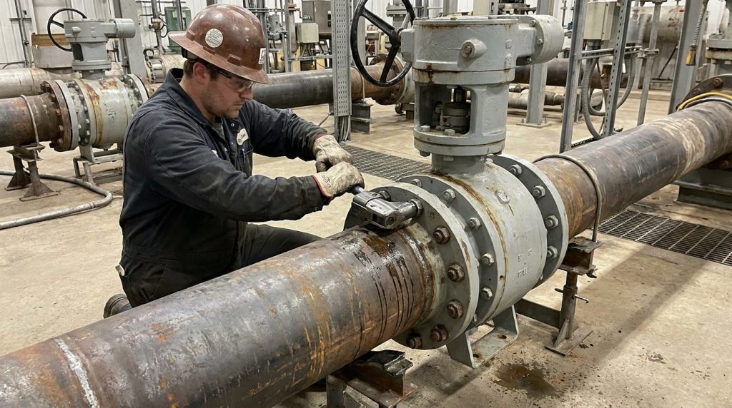 Technician using a calibrated torque wrench to tighten butterfly valve flange bolts in a star pattern during industrial pipeline maintenance