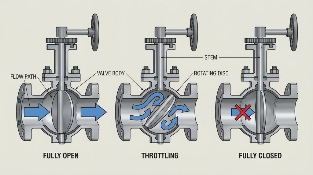 Technical illustration showing the rotating disc mechanism of a butterfly wafer valve inside a pipe, including open and closed flow positions.