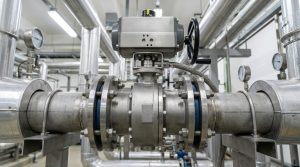 A butterfly wafer valve installed in an industrial pipeline system, showing the compact valve body clamped between flanges in a real factory fluid control application.