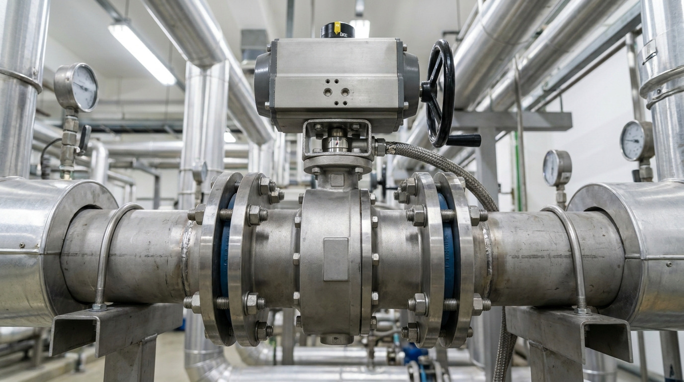 A butterfly wafer valve installed in an industrial pipeline system, showing the compact valve body clamped between flanges in a real factory fluid control application.