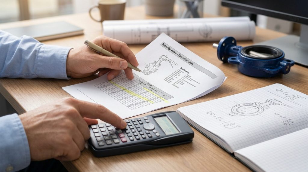 Engineer using a calculator and valve data sheet to estimate pressure drop across a butterfly valve from its Cv value