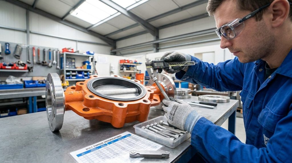 Installer checking cap screw length and thread pitch before fitting bolts into a lug butterfly valve.