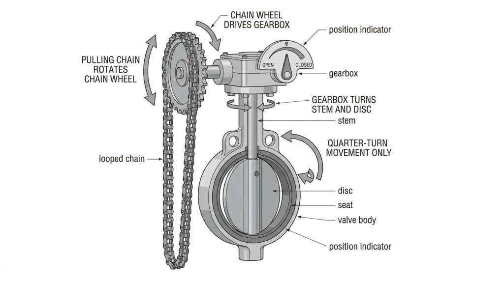 Labeled diagram showing how a chain wheel, gearbox, stem, and disc work together on a butterfly valve.