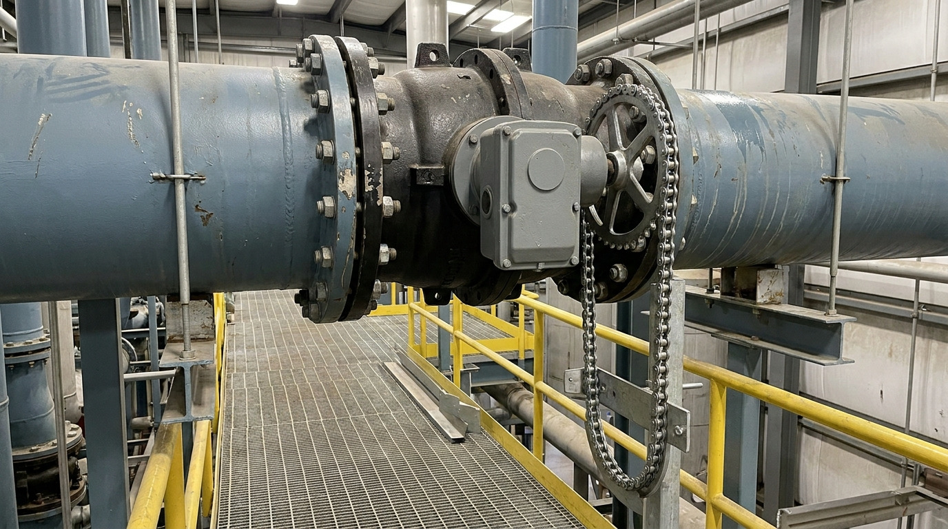 Chain operated butterfly valve installed on an overhead industrial pipeline with a looped chain hanging to operator level.