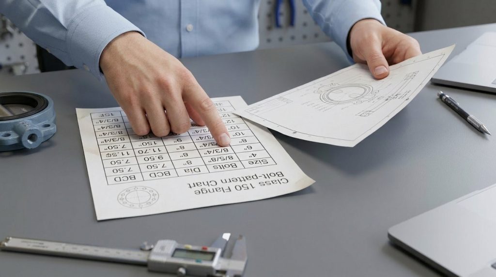 Engineer comparing an ASME B16.5 Class 150 flange bolt pattern chart against a butterfly valve dimensional drawing