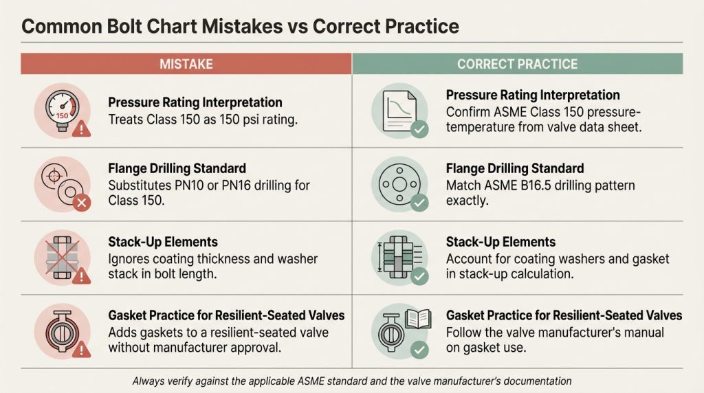 Bolt chart selection mistakes checklist comparing correct and incorrect Class 150 butterfly valve bolting choices