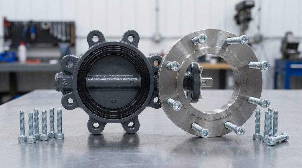 Class 150 lug butterfly valve aligned with an ASME flange and matching cap screws on a workshop bench.